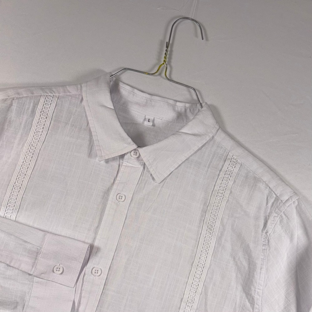 Mens White Cotton Linen Blend Guayabera Long Sleeve Button Down Shirt L